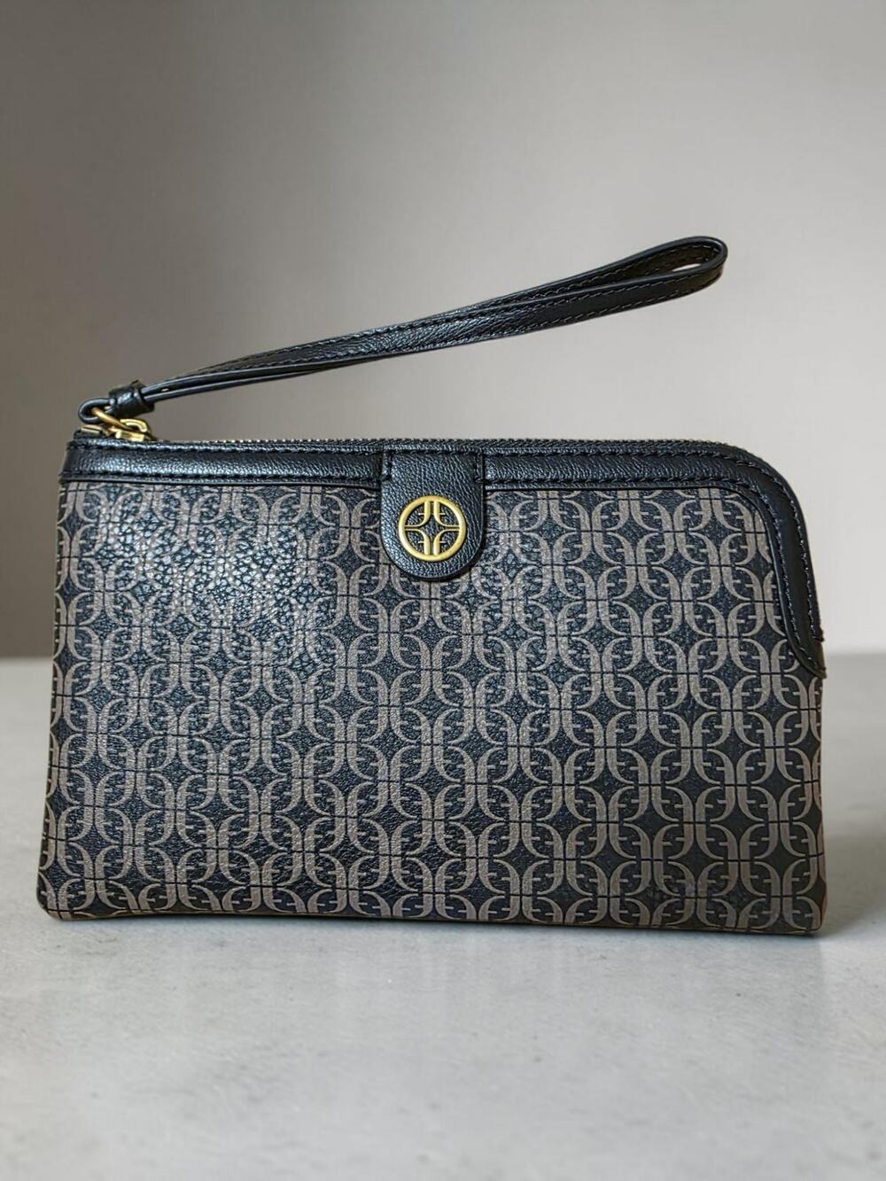 Fossil Monogram Wristlet Wallet Black Brown Signature Logo Zip Around Clutch